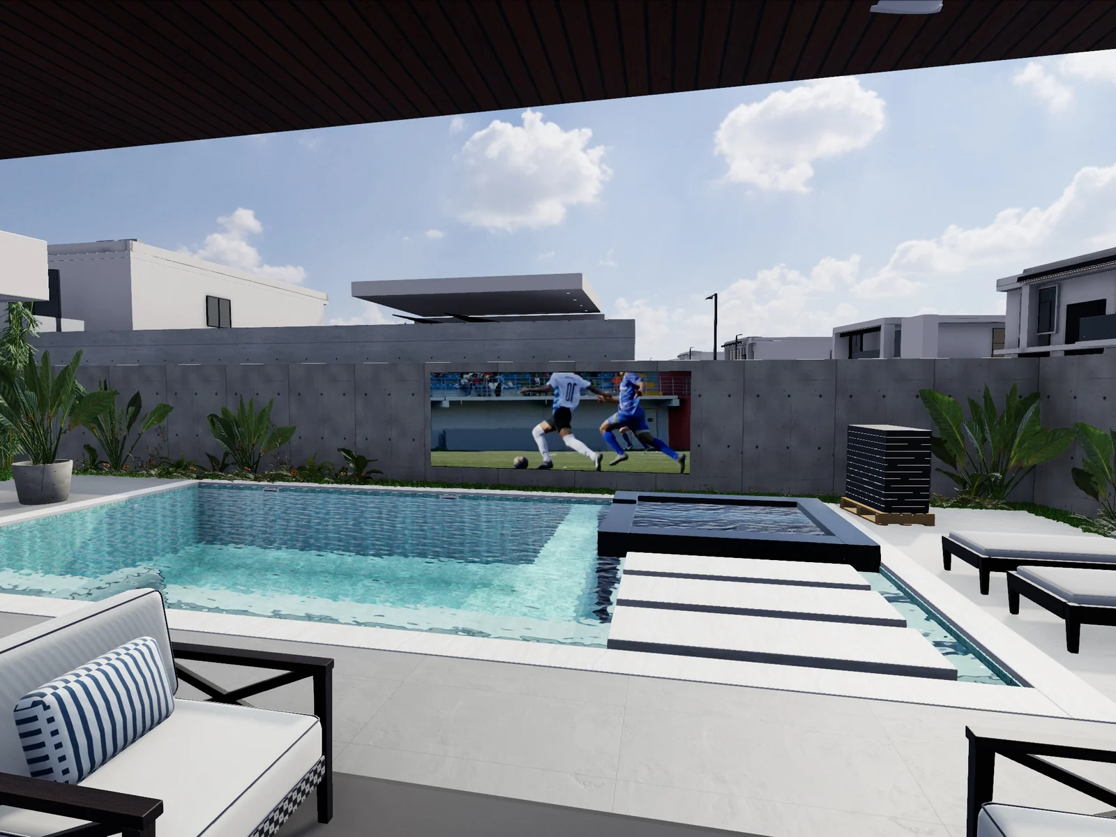 Patio con piscina y pantalla LED de la Residencia Sereno 37, en el modelo 3D de Tresek